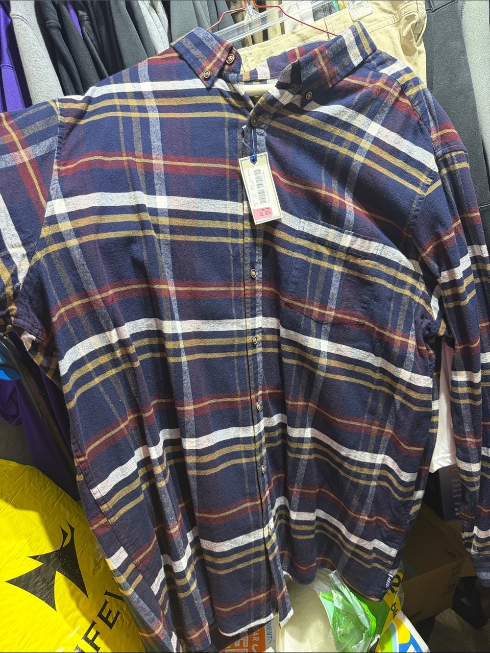 Men's Navy Plaid Button-Down Shirt with Red and Cream Accents